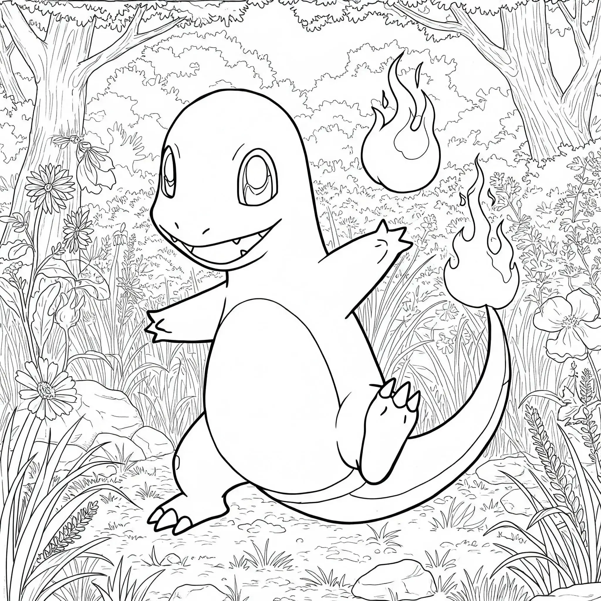 Glumanda Ausmalbild im Wald mit Bach und Felsen – Ausdrucken & Ausmalen