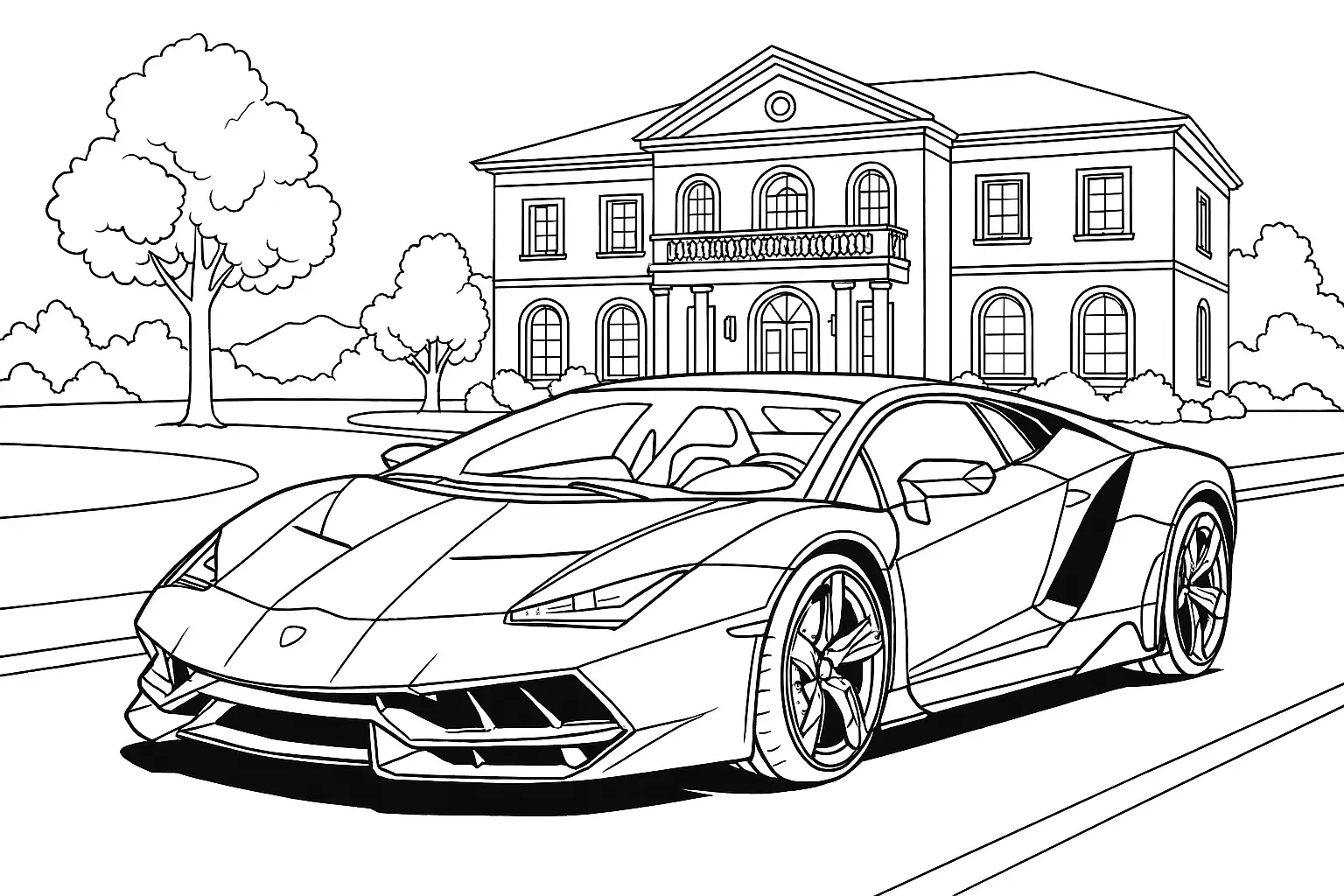 Lamborghini Reventón Ausmalbild – Supersportwagen vor großer Villa mit Bäumen und Auffahrt.
