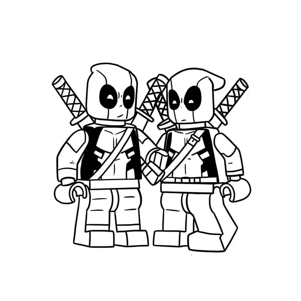 LEGO Deadpool Ausmalbilder – lustige und kreative Malvorlage von Deadpool im LEGO-Stil zum Ausdrucken.