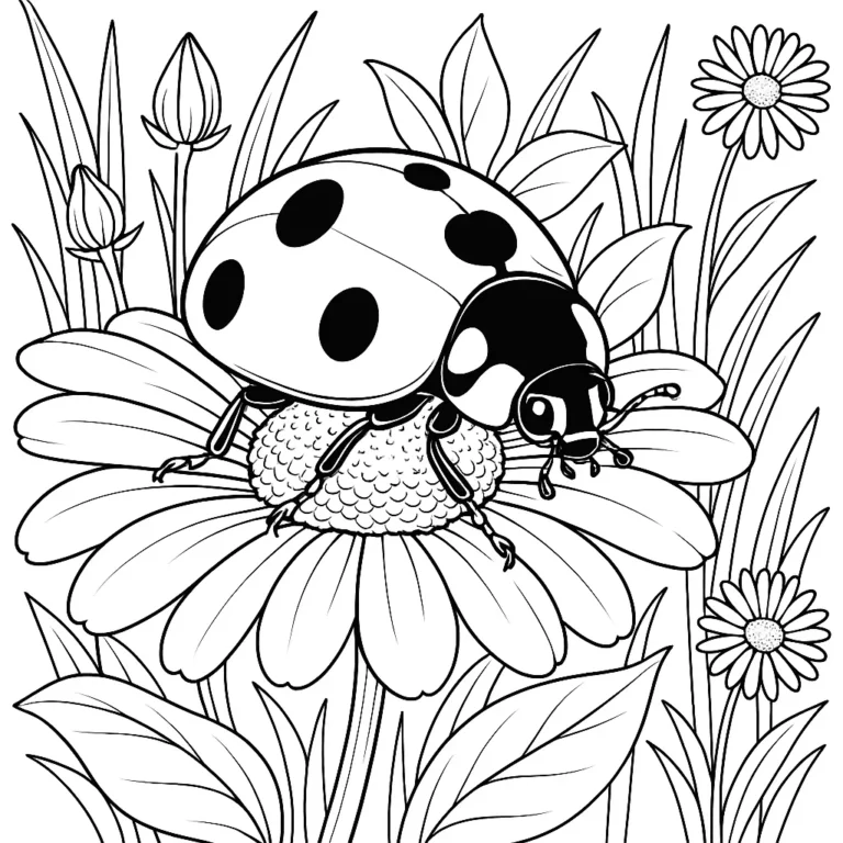Ausmalbild mit Marienkäfer auf einer großen Blume – perfekt für Kinder zum Ausdrucken und Ausmalen.
