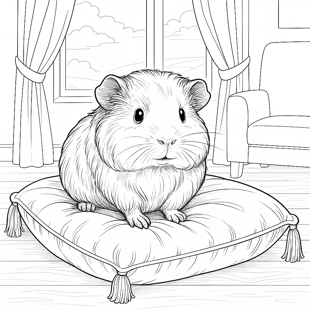 Niedliches meerschweinchen ausmalbild auf einem weichen Kissen – ideal für Kinder zum Ausdrucken.