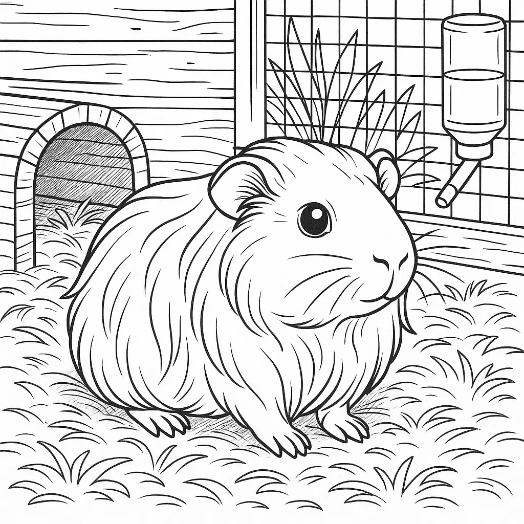 ausmalbild meerschweinchen im Käfig – perfekt für Kinder, die meerschweinchen zum ausmalen suchen.