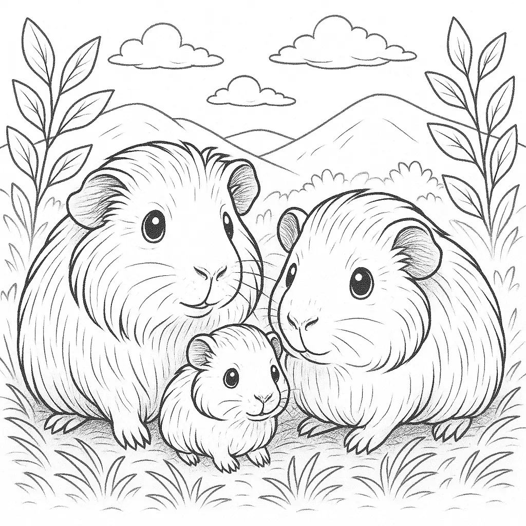 Süßes meerschweinchen ausmalbild einer Familie – zwei erwachsene Meerschweinchen mit Baby im Freien. Ideal für Kinder zum Ausmalen.