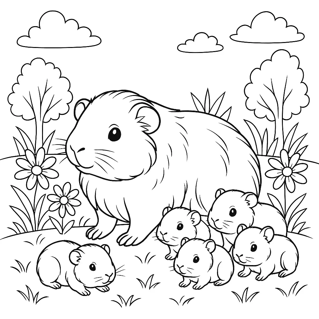 Meerschweinchen Familie Ausmalbild ohne Rahmen – mit Blumen, Wiese und fünf Babys zum Ausmalen.