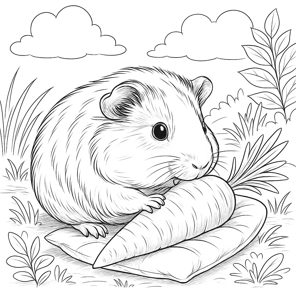 Meerschweinchen frisst Karotte – liebevoll gezeichnetes ausmalbild meerschweinchen auf einer Wiese mit Hintergrunddetails.