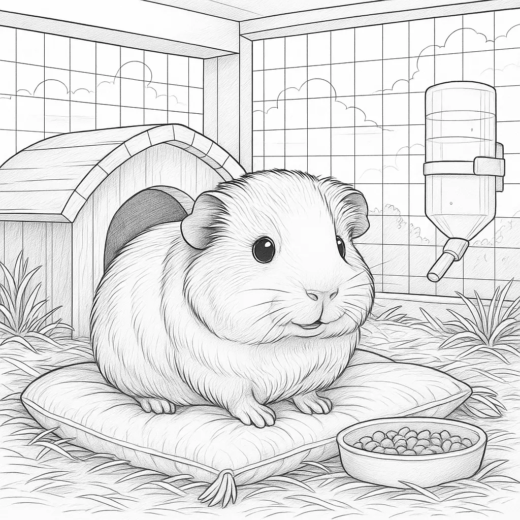 Meerschweinchen im gemütlichen Käfig – liebevoll gezeichnetes ausmalbild meerschweinchen mit Häuschen, Heu, Futternapf und Wasserflasche.
