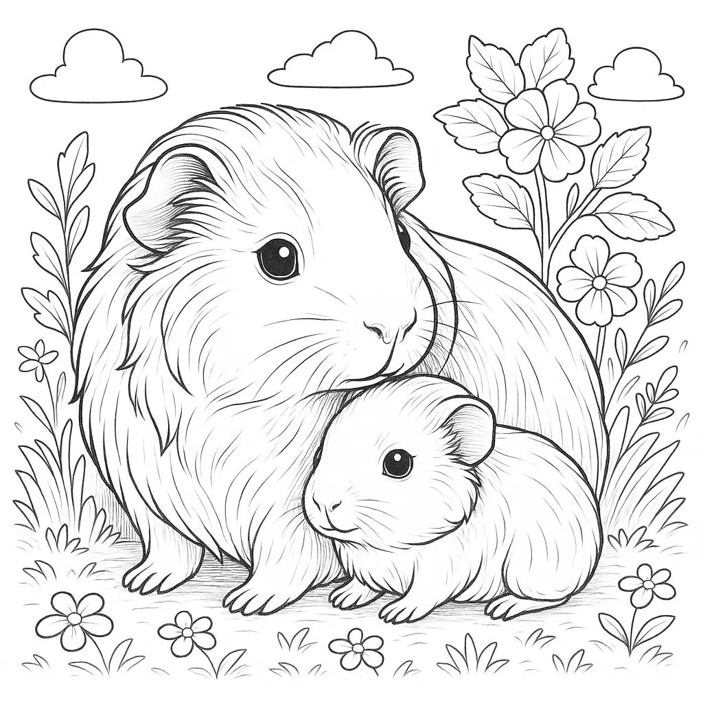 Meerschweinchen Mutter mit Kind – liebevoll gezeichnetes ausmalbild meerschweinchen mit Blumenwiese im Hintergrund.