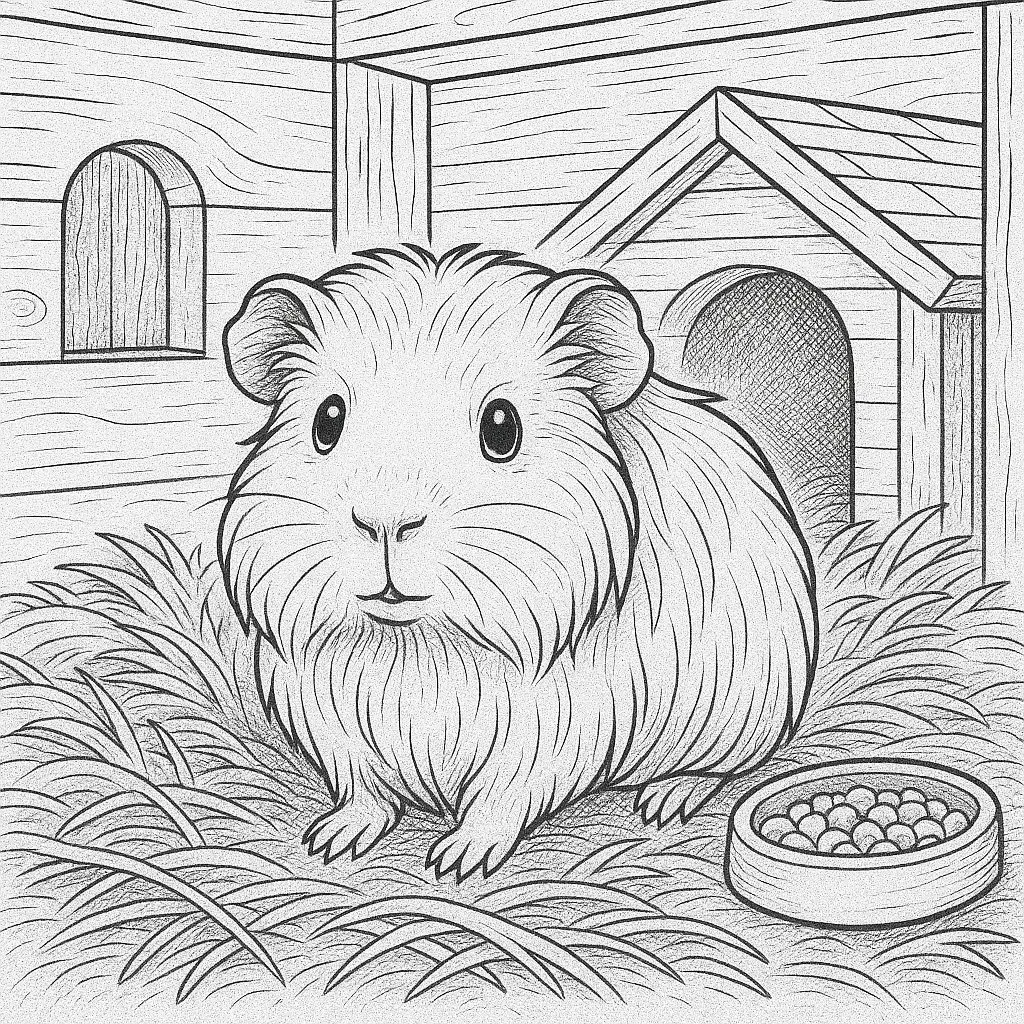 meerschweinchen malvorlage mit Holzhütte, Stroh und Futterschale – ideal zum Ausdrucken für Kinder.