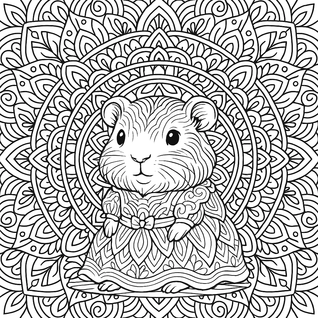 Meerschweinchen Mandala Ausmalbild – detailliertes meerschweinchen mit ornamentalen Mustern und Mandala-Hintergrund zum Ausmalen.