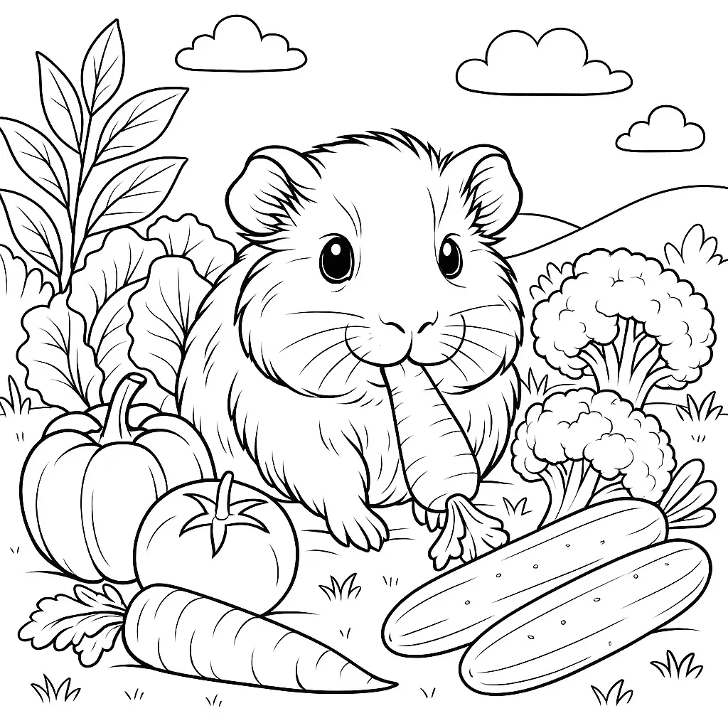 Meerschweinchen mit Gemüse – ausmalbild meerschweinchen umgeben von Karotten, Brokkoli, Tomate, Kürbis und Gurken im Garten.