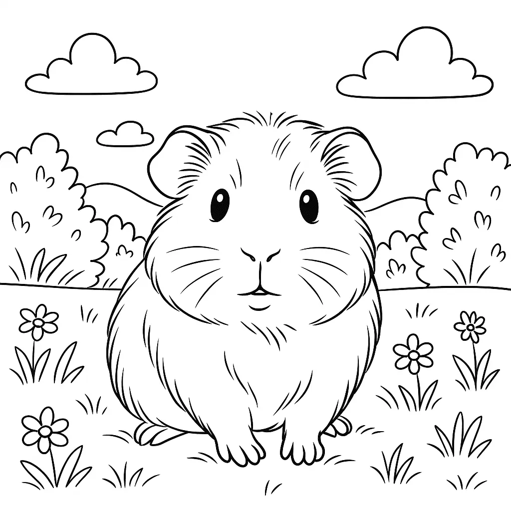 Neugieriges Meerschweinchen Ausmalbild – meerschweinchen sitzt aufmerksam auf einer Wiese mit Blumen und Büschen im Hintergrund.