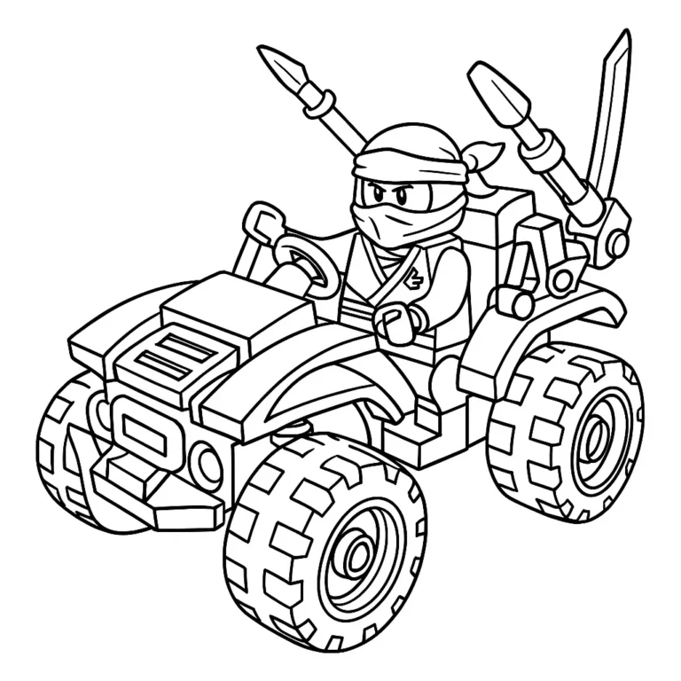 Ninjago Fahrzeuge Ausmalbild – LEGO Ninja-Fahrzeug mit Waffen und Ninja-Figur zum Ausmalen