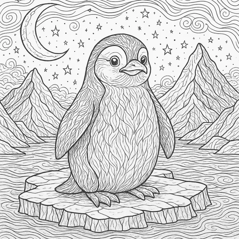 Pinguin Ausmalbild auf Eisscholle mit Bergen, Sternenhimmel und Mond