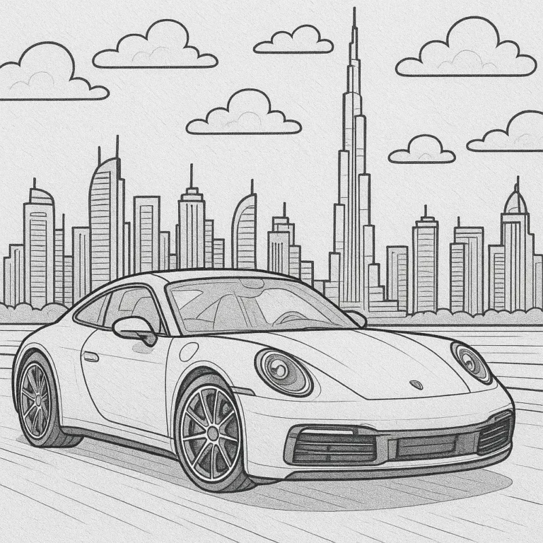 Ausmalbild eines Porsche 911 von hinten mit detailreicher Berg- und Stadtkulisse – ideal für Auto-Fans