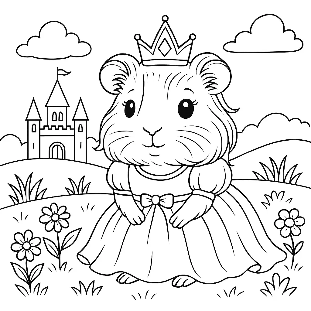 Prinzessin Meerschweinchen Ausmalbild – niedliches meerschweinchen mit Kleid, Krone und Schloss im Hintergrund zum Ausmalen.