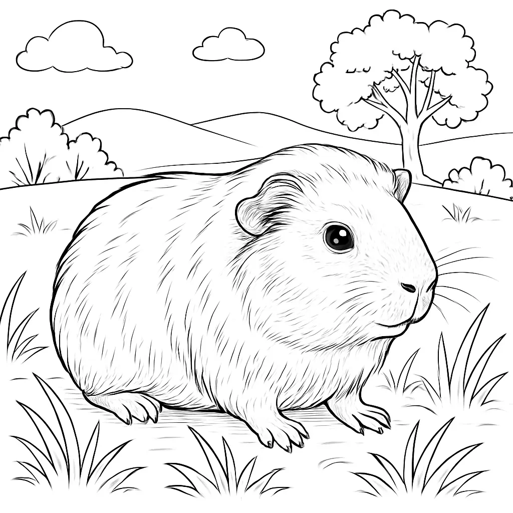 Realistisches meerschweinchen ausmalbild mit natürlichem Hintergrund aus Gras, Hügeln und Bäumen – ideal für naturgetreues Ausmalen.