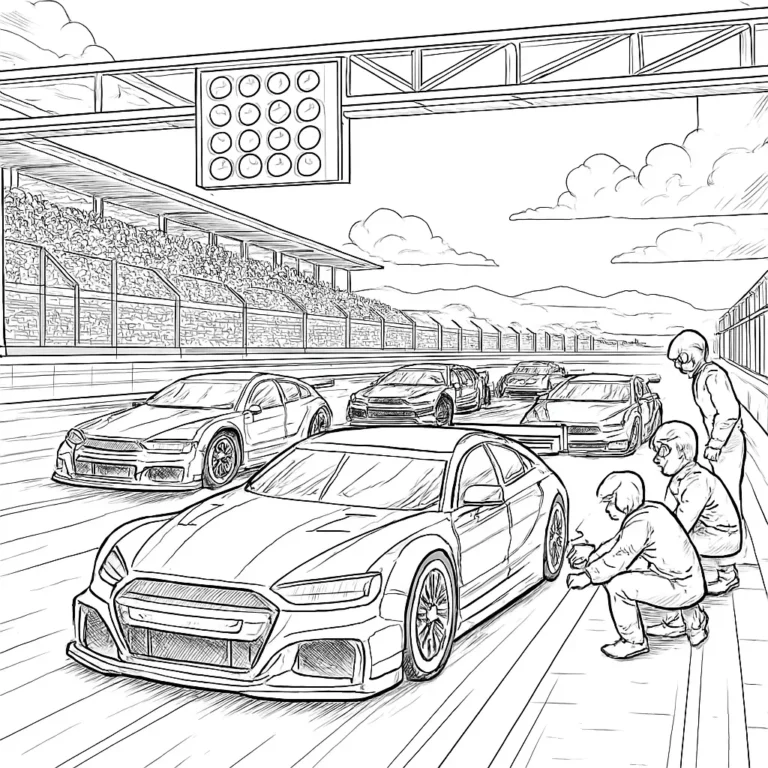 Ausmalbild – Rennautos bei der Startaufstellung mit Boxenteam und Zuschauern