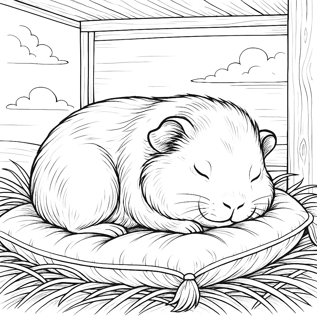 Schlafendes Meerschweinchen liegt auf einem Kissen im Stall – liebevoll gezeichnetes ausmalbild meerschweinchen mit Details im Hintergrund.
