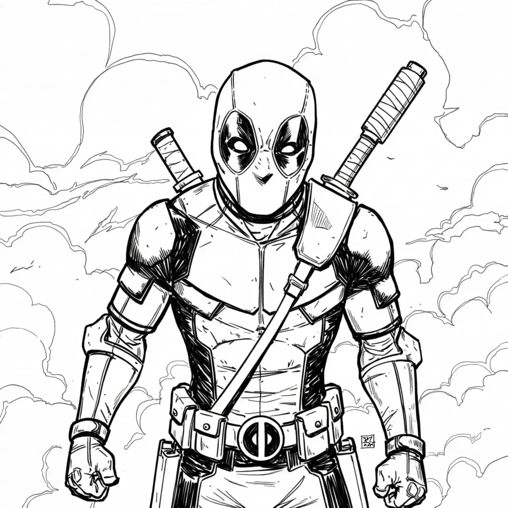 Superheld Deadpool Ausmalbilder – coole Malvorlage des Marvel-Helden Deadpool zum Ausmalen für Kinder und Erwachsene.