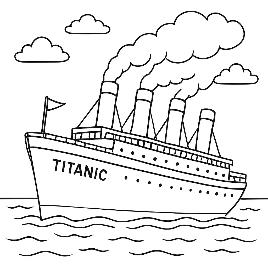 Einfaches Titanic Ausmalbild – Kindgerechte Zeichnung des Schiffs mit großen Flächen und klaren Linien
