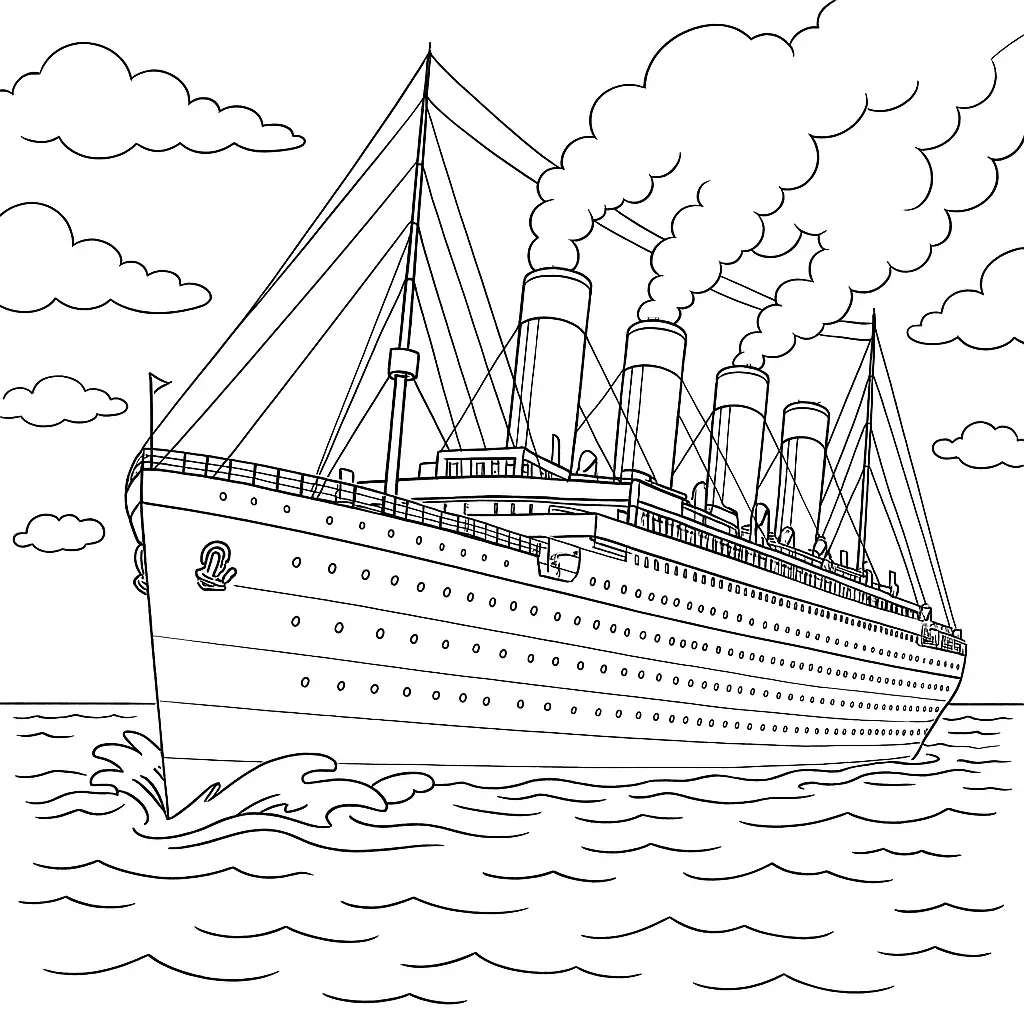 Titanic Ausmalbild – Zeichnung des berühmten Schiffs Titanic auf dem Ozean mit Rauch aus Schornsteinen