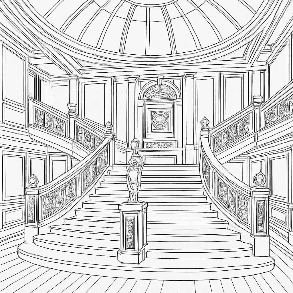 Titanic Grand Staircase Ausmalbild – Detailliertes Treppenhaus mit Uhr, Kuppeldecke und kunstvoll geschnitzten Geländern