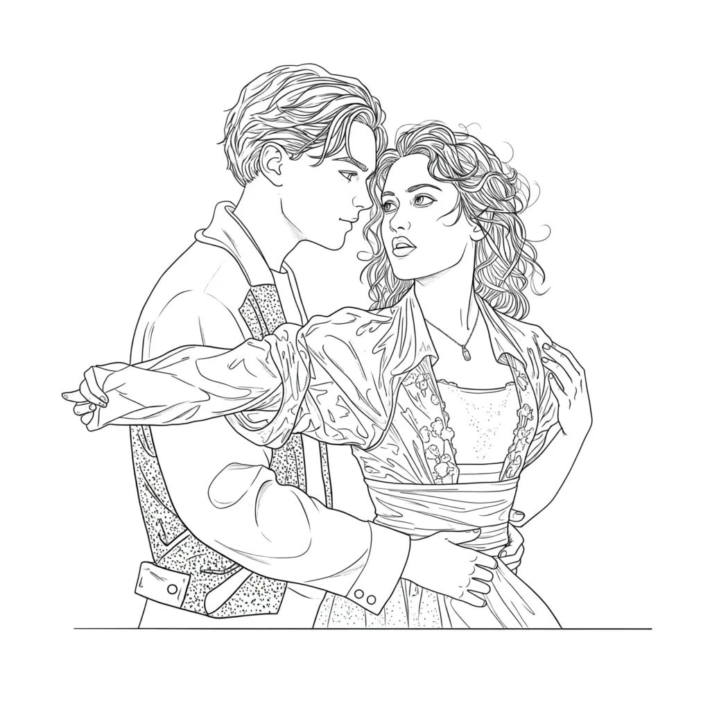 Titanic Ausmalbild – Jack und Rose am Bug des Schiffs in ikonischer Pose mit wehenden Haaren und romantischer Atmosphäre