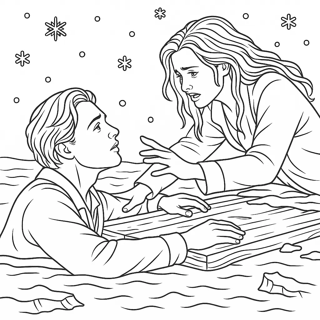Titanic Ausmalbild – Emotionale Szene: Jack treibt im kalten Wasser, Rose weint und reicht ihm die Hand über ein Holzbrett hinweg