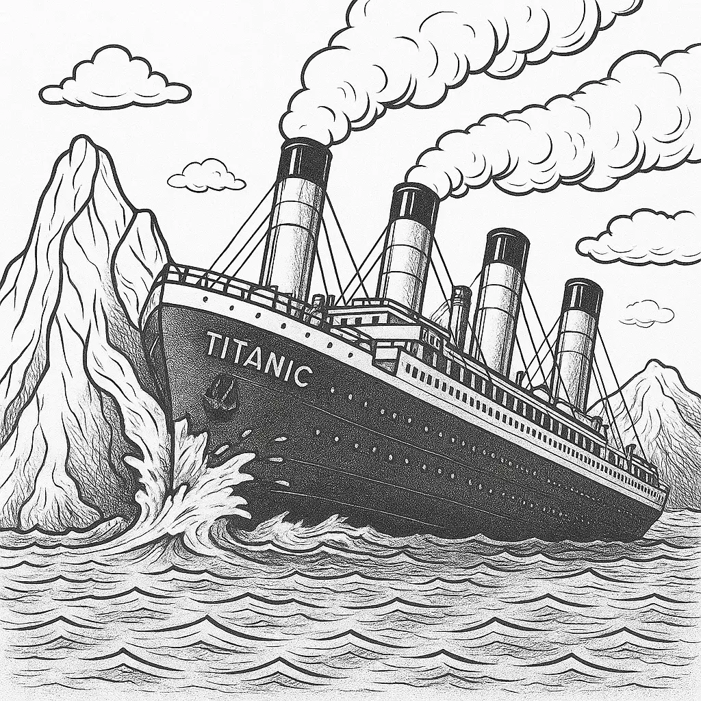 Titanic Kollision mit Eisberg Ausmalbild – Detaillierte Darstellung des Aufpralls mit scharfen Linien, realistischem Wasser und zerklüftetem Eisberg