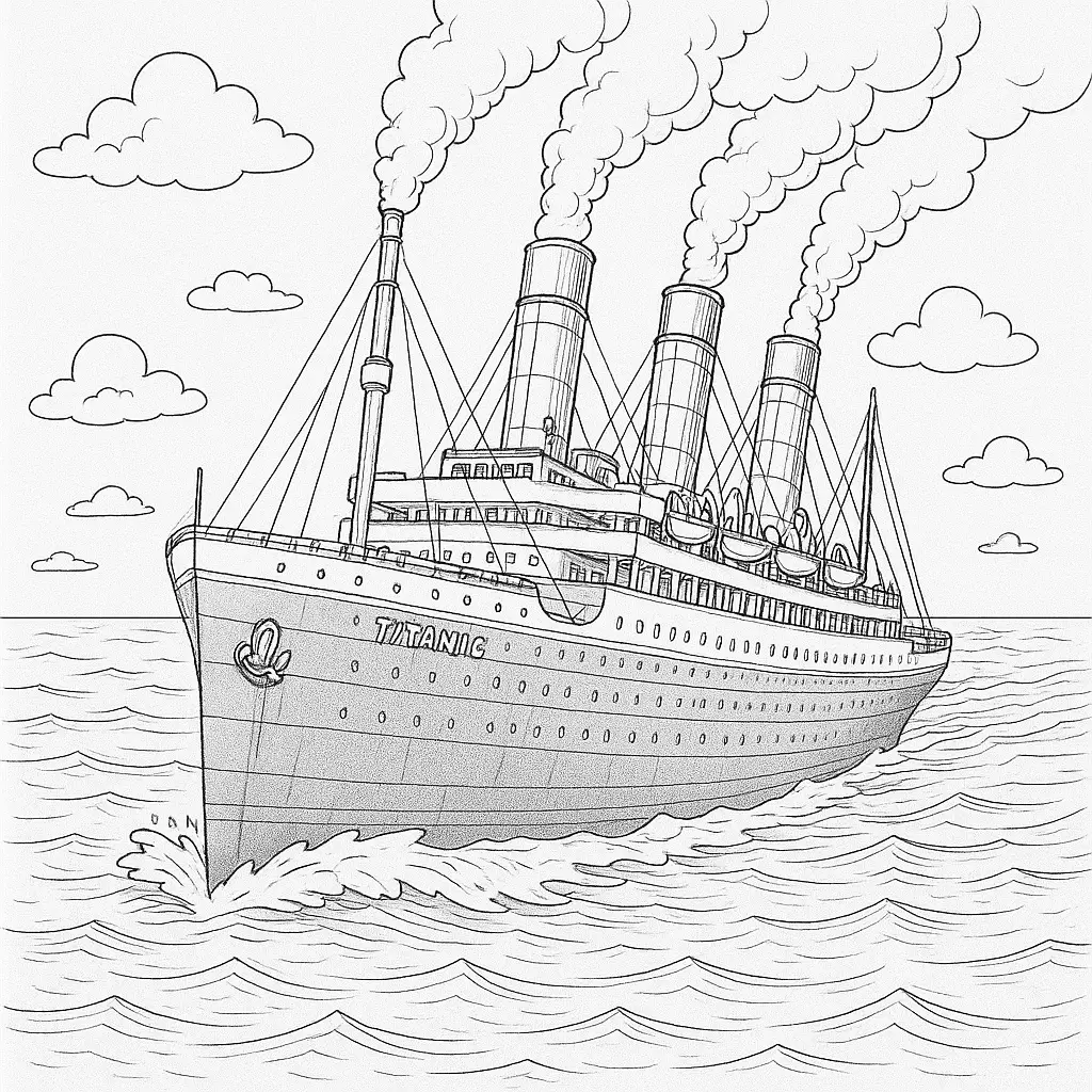Titanic Malvorlage – Detaillierte Zeichnung des berühmten Schiffs mit sichtbarem Namenszug und kräftigem Seegang