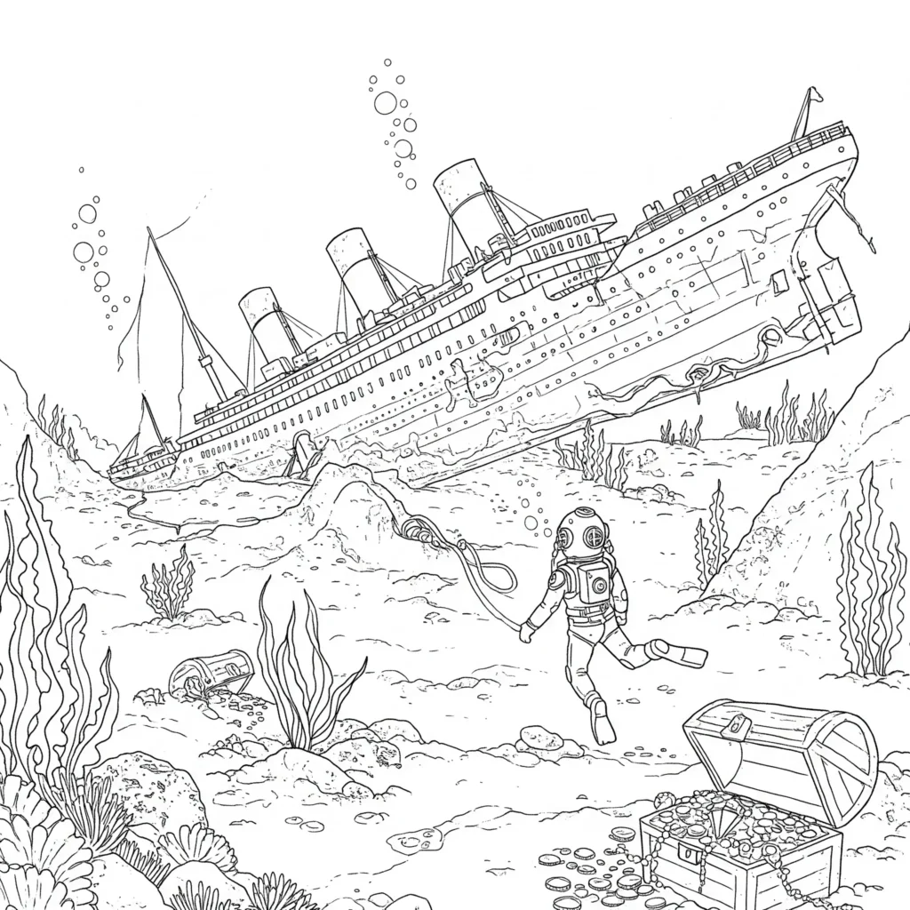 Titanic auf dem Meeresboden Ausmalbild – Das Wrack liegt ruhig im Sand, umgeben von Seegras und Fischen
