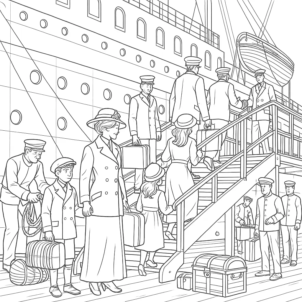 Titanic Ausmalbild – Passagiere in Kleidung von 1912 beim Einsteigen über eine Gangway mit Kindern, Matrosen und Gepäck