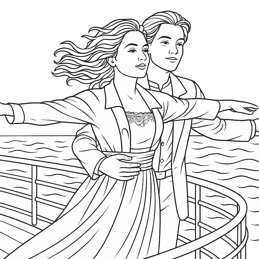 Titanic Romantisches Ausmalbild – Ein junges Paar am Bug des Schiffs mit ausgestreckten Armen, umgeben von Wellen und Reling