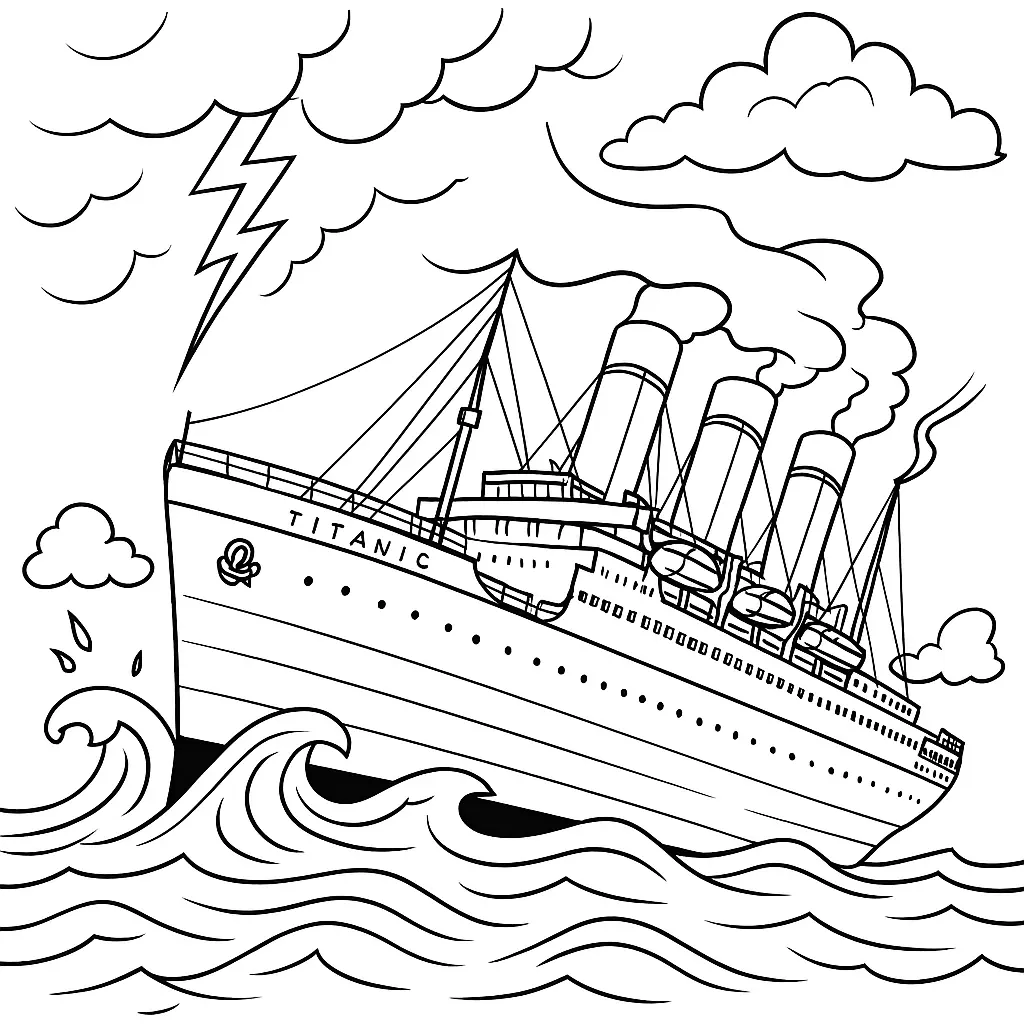 Titanic im Sturm Ausmalbild – Das Schiff in schräger Position auf stürmischer See mit Blitz und dunklen Wolken
