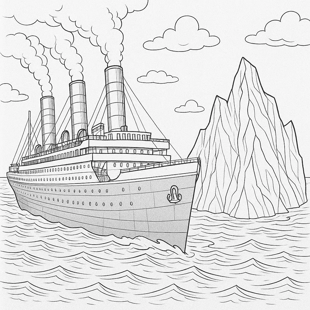 Titanic und Eisberg Ausmalbild –  Zeichnung der Titanic vor einem riesigen Eisberg auf dem Ozean