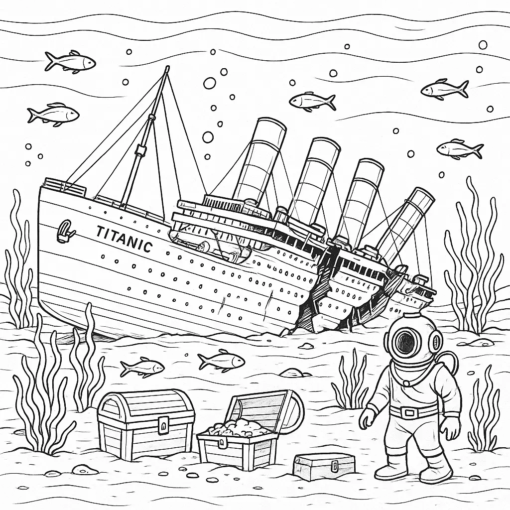 Titanic Wrack Ausmalbild – Gesunkenes Schiff auf dem Meeresboden mit Taucher, Fischen, Schatzkisten und Seegras