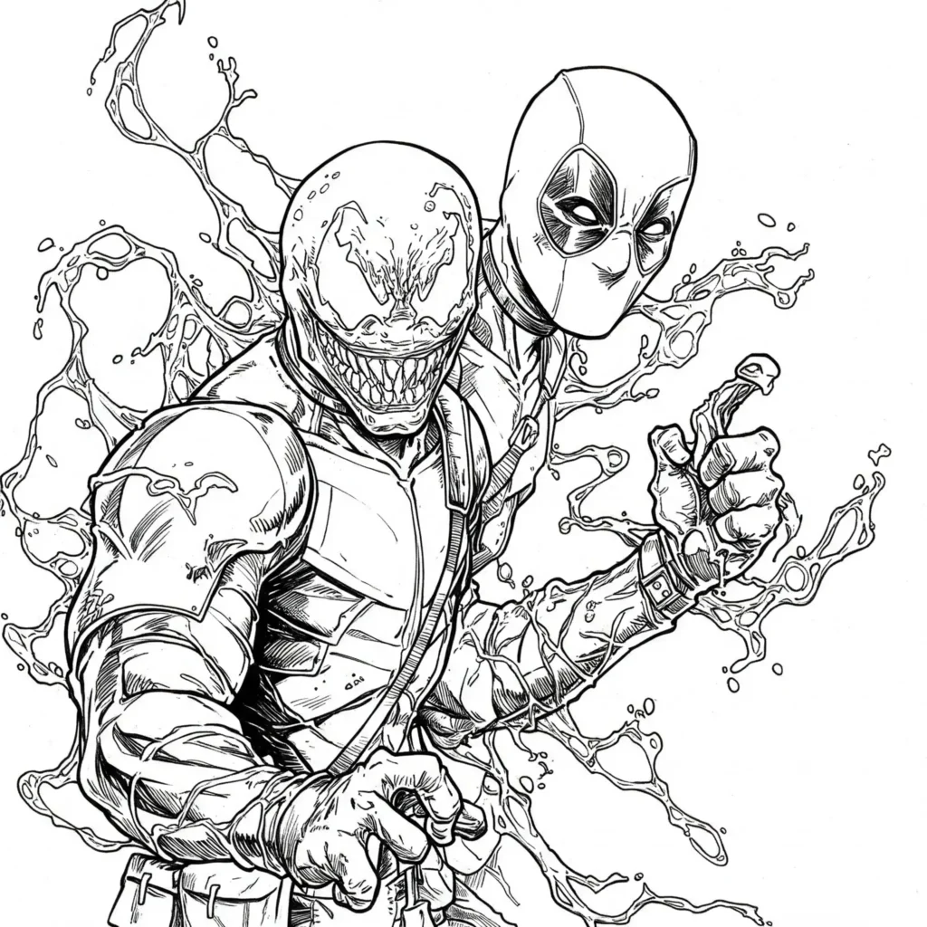Venom Deadpool Ausmalbilder – epische Malvorlage mit einer Mischung aus Venom und Deadpool zum Ausmalen.