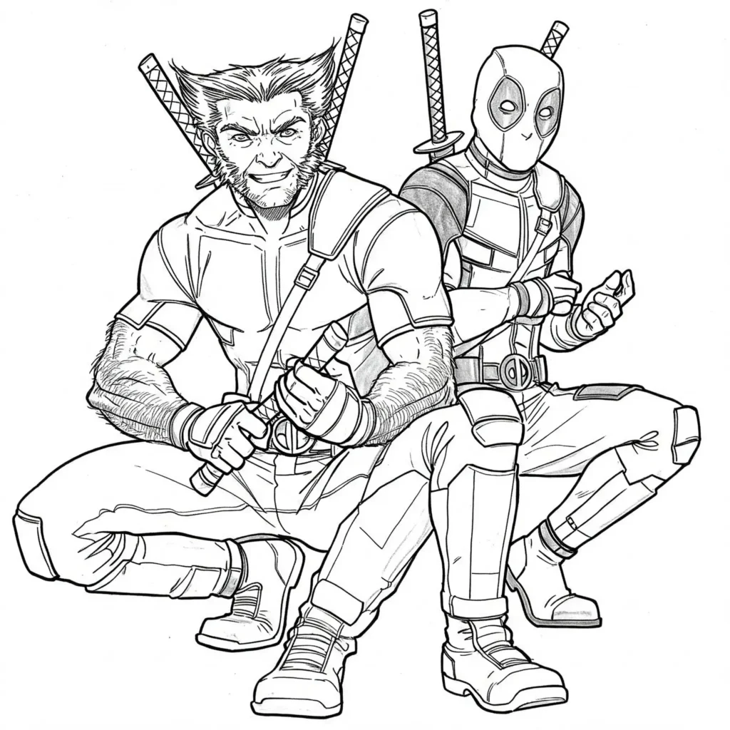 Wolverine und Deadpool Ausmalbilder – epische Malvorlage mit den Marvel-Helden Deadpool und Wolverine zum Ausmalen.