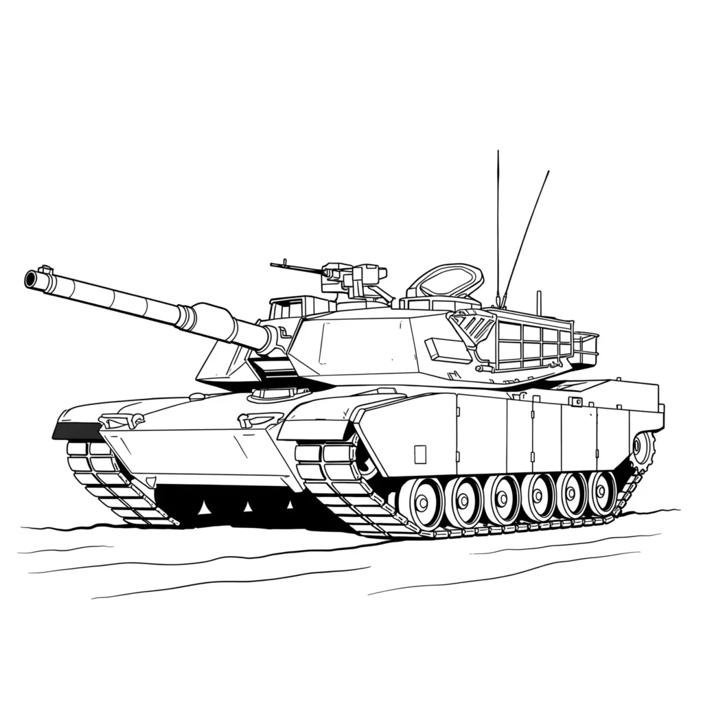 Bewegender Panzer Ausmalbild – realistischer Kampfpanzer in Fahrt auf unebenem Gelände