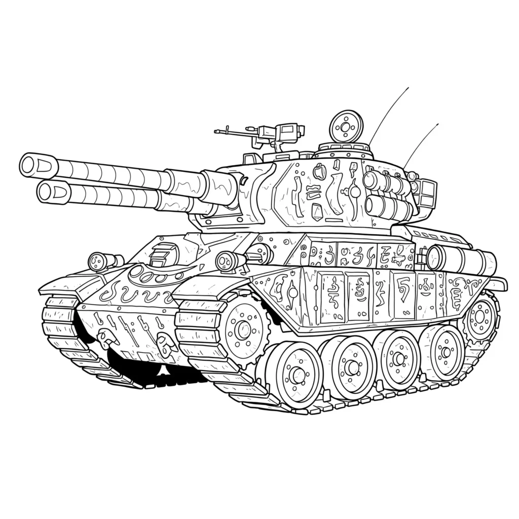 Fantasy Panzer Ausmalbild – fantasievoller futuristischer Kampfpanzer in kreativer Landschaft