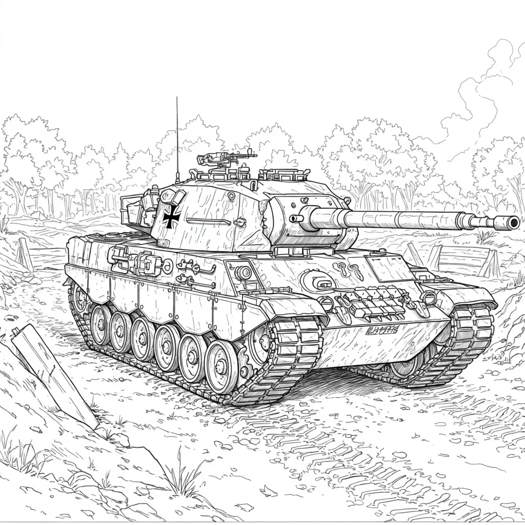 Leopard Panzer Ausmalbild – moderner Kampfpanzer auf natürlicher Landschaft
