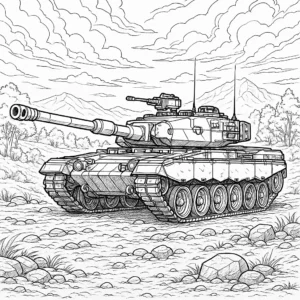18 Panzer Ausmalbilder (Kostenlose Malvorlage zum Ausdrucken) Panzer Ausmalbild für Erwachsene – detaillierter realistischer Kampfpanzer mit komplexem Hintergrund
