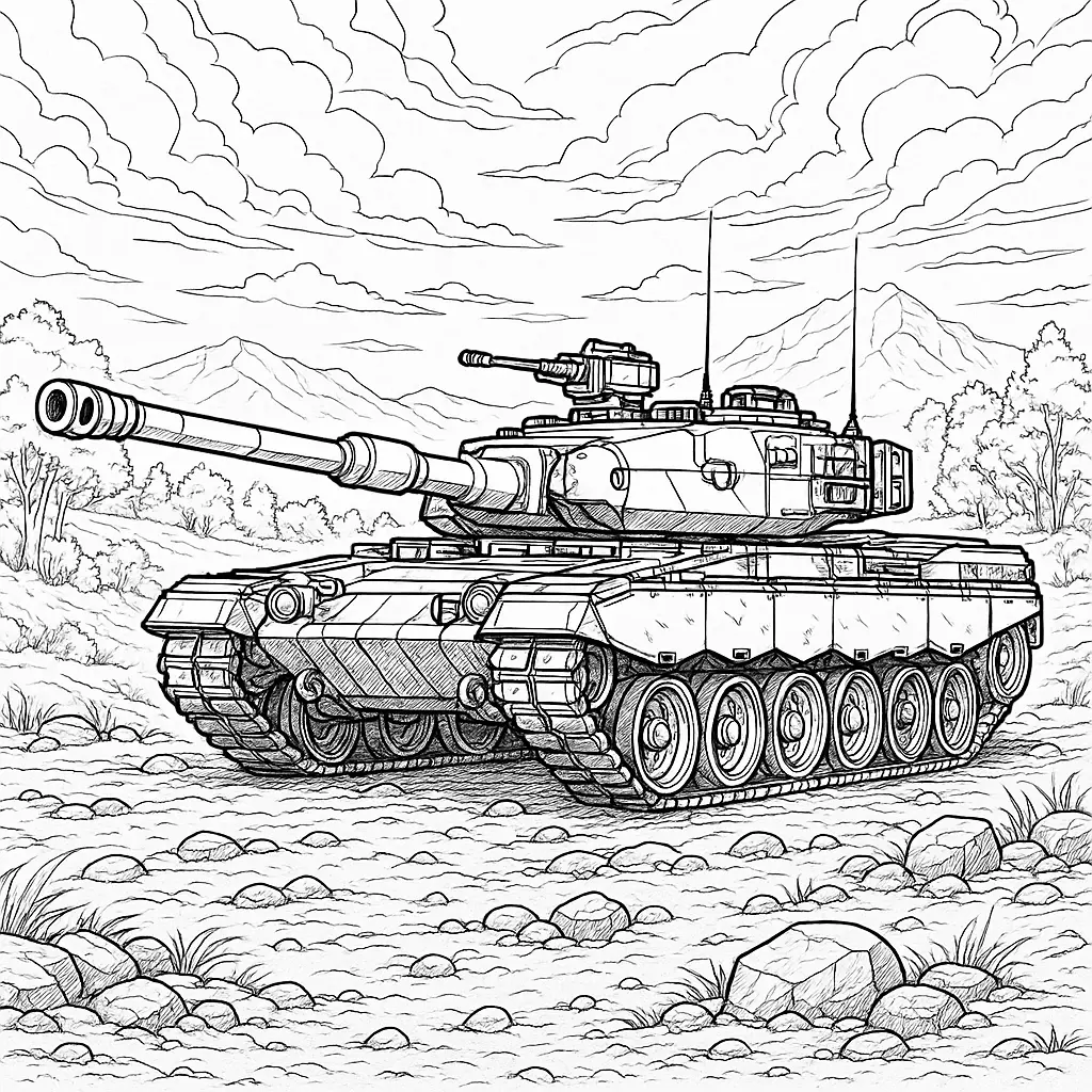 Panzer Ausmalbild für Erwachsene – detaillierter realistischer Kampfpanzer mit komplexem Hintergrund