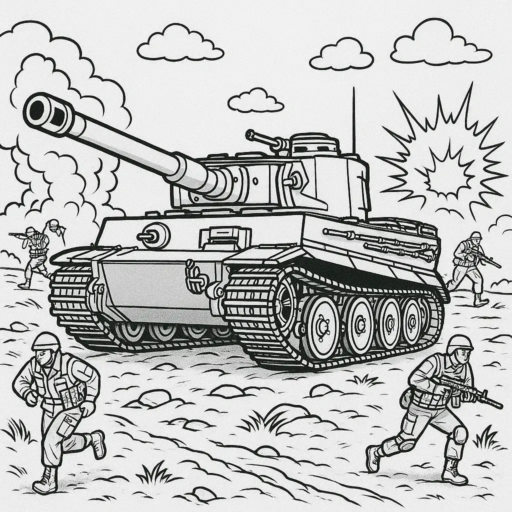 Armee Ausmalbild – Panzer und Soldaten in einer realistischen Kampfszene mit Explosionen