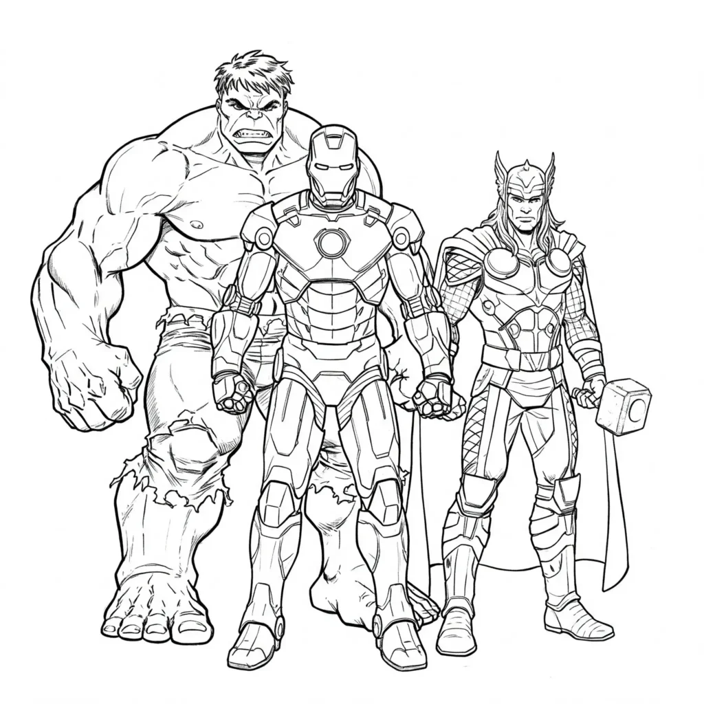 Hulk steht Seite an Seite mit Iron Man und Thor – starkes Avengers-Motiv zum Ausmalen für Kinder.