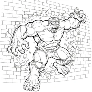 Hulk durchbricht mit voller Wucht eine Backsteinmauer – starke Action-Szene zum Ausmalen