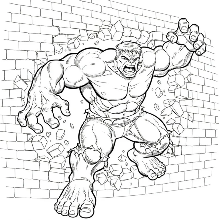 Hulk durchbricht mit voller Wucht eine Backsteinmauer – starke Action-Szene zum Ausmalen