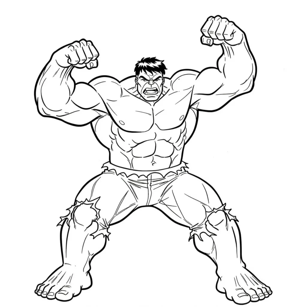 Hulk zeigt seine gewaltigen Muskeln in einer kraftvollen Siegerpose – ideales Ausmalbild für Superheldenfans