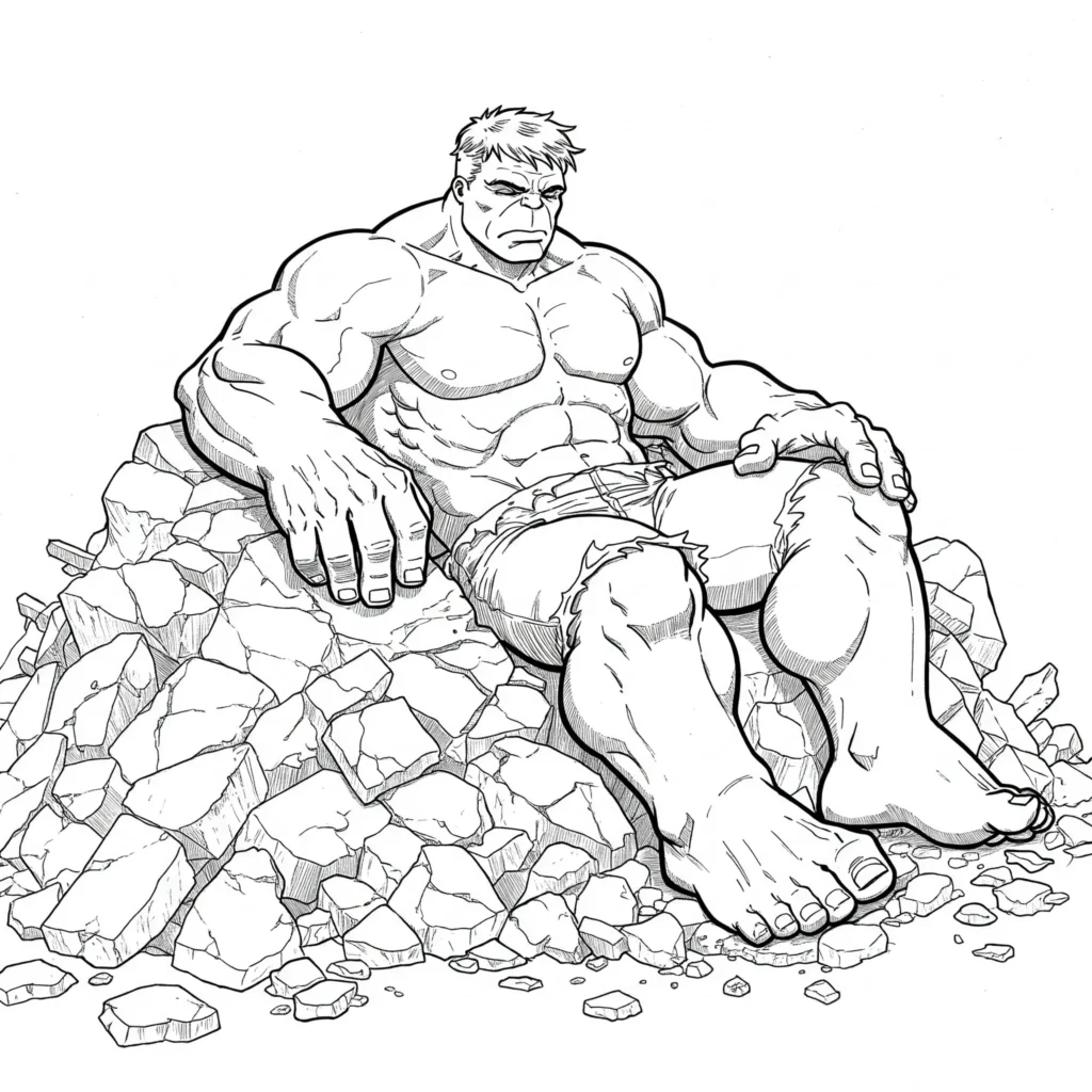 Hulk schläft tief und fest nach einem anstrengenden Tag voller Kämpfe – ruhige Szene als Ausmalbild.