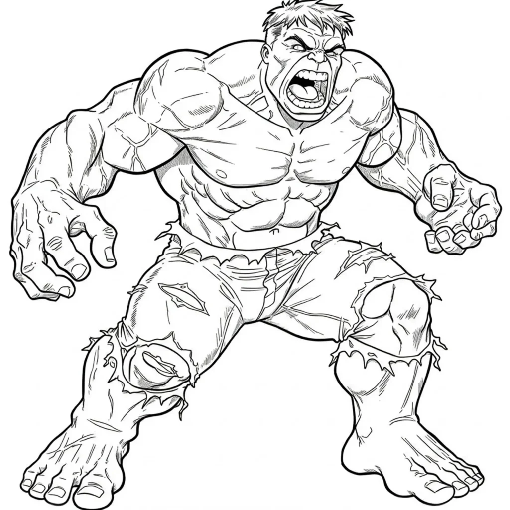 Hulk reißt vor Wut sein zerrissenes Shirt auseinander und brüllt laut – starkes Marvel Ausmalmotiv.